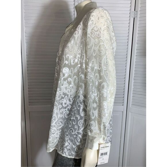 NWT Vintage Cream Sheer Satin Lace Oversized Button Down Blouse XL - Picture 3 of 10